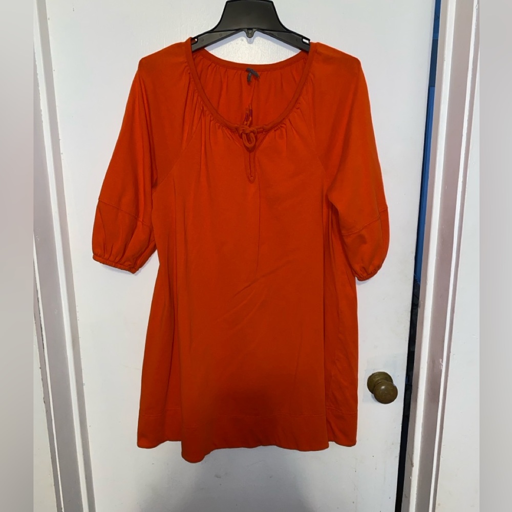 Anthropologie Anais Dress Sz Medium 3/4 Sleeve Tie Neck Tunic Cotton Boho Orange